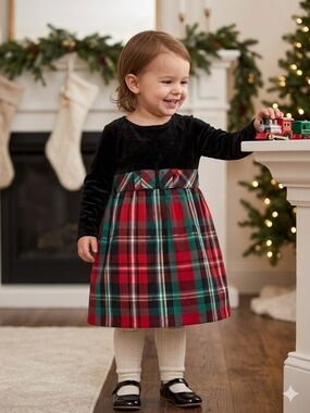 Velvet and Plaid Holiday Dress by Healthtex 3T Black Multi